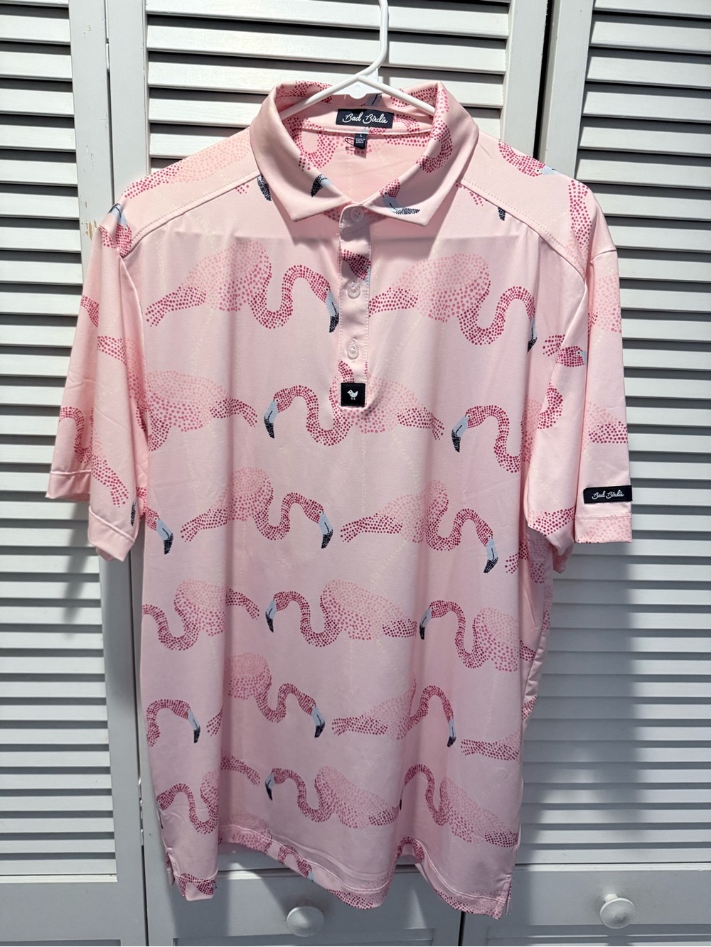 Bad Birdie Men’s L Pink Flamingo Golf Polo Shirt Performance Stretch NWOT
